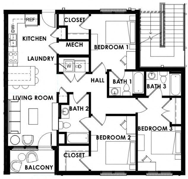 3BR3BA floor plan Floor plan for The Balcony apartments in Tuscaloosa, AL. Spacious 3 bedroom 3 bath unit shown.